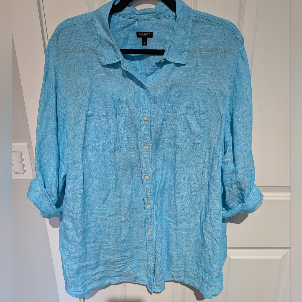Talbots Sky Blue Women's Linen Button down shirt 2x